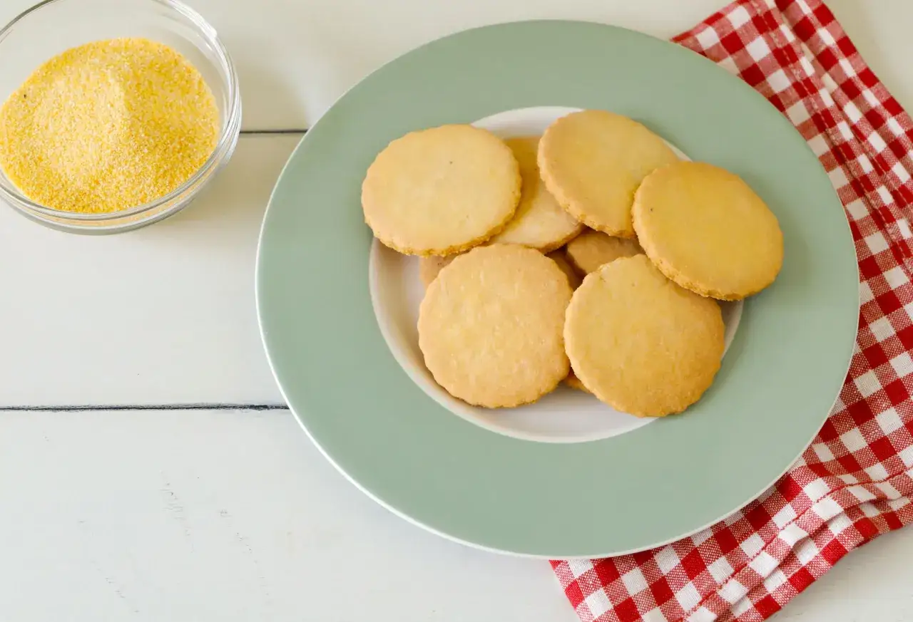 Biscotti rotondi con farina di mais, serviti su un piatto verde menta, accanto a una ciotola di farina di mais e un tovagliolo a quadri rossi.