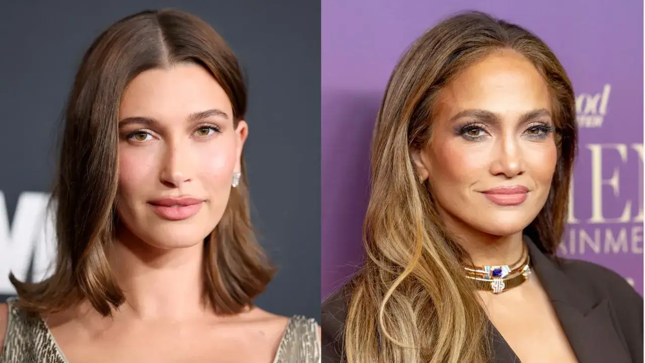 Hailey Bieber i Jennifer Lopez, obie z pięknymi włosami w odcieniu mleczny brąz, prezentują swoje twarze.