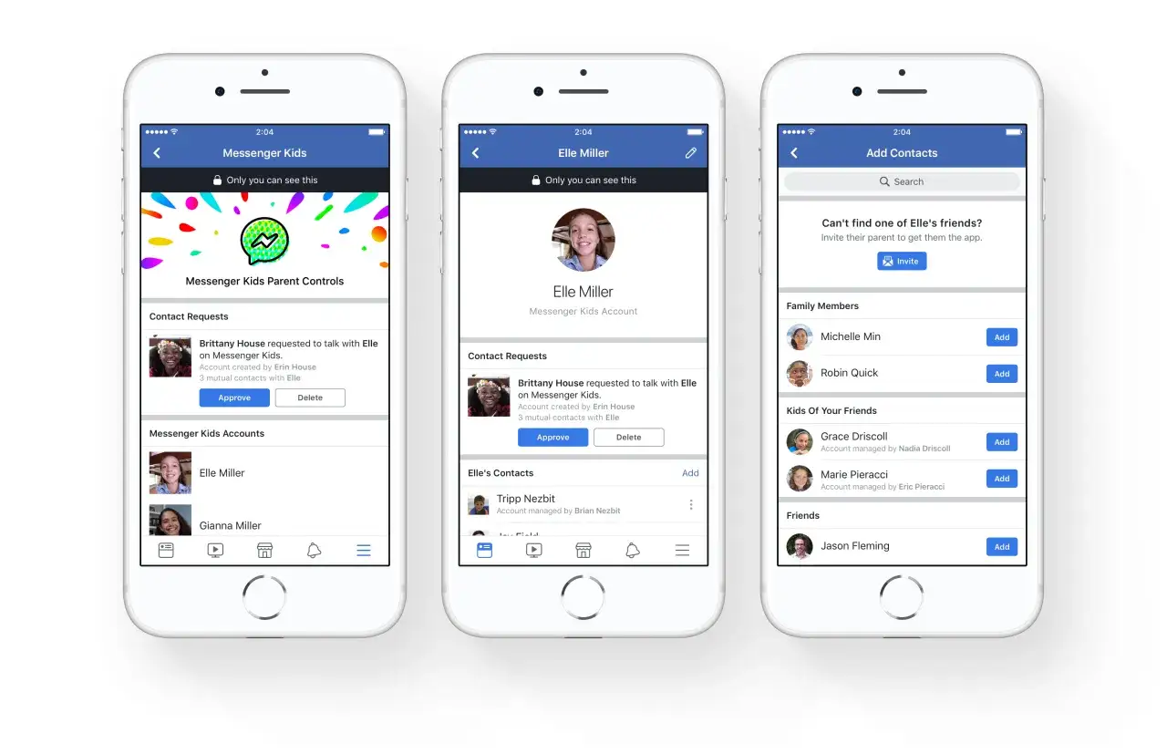 Trzy ekrany aplikacji messenger dla dzieci: kontrola rodzicielska, profil dziecka i dodawanie kontaktów.