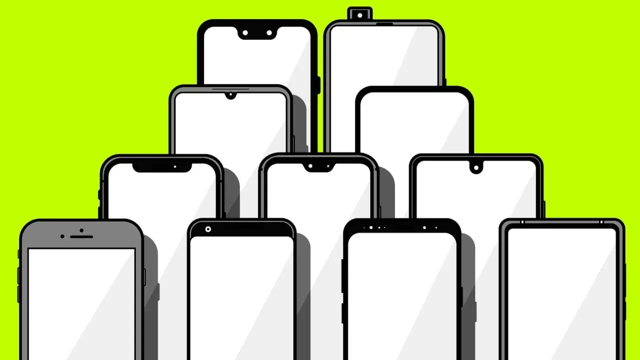 Stos smartfonów z białymi ekranami, każdy z innym wcięciem (notch) lub bez niego, na jaskrawozielonym tle.