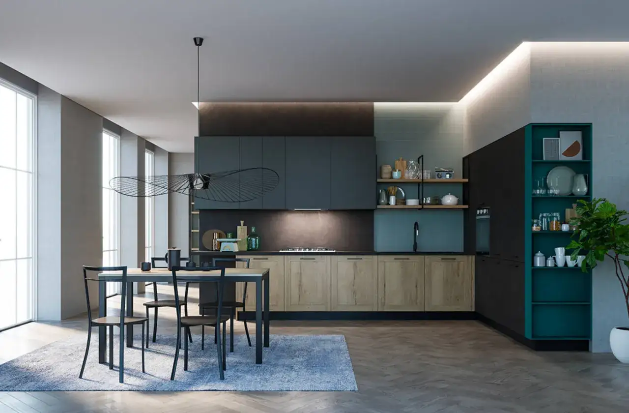 Elegante cucina ottanio e legno con isola centrale, tavolo da pranzo e illuminazione soffusa.