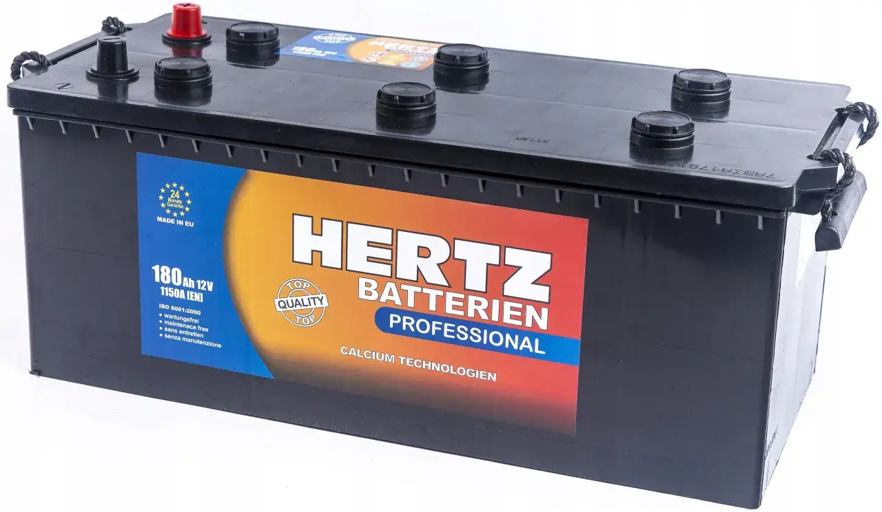 Czarny akumulator 12V 180Ah marki HERTZ PROFESSIONAL, z etykietą informującą o parametrach i technologii Calcium.
