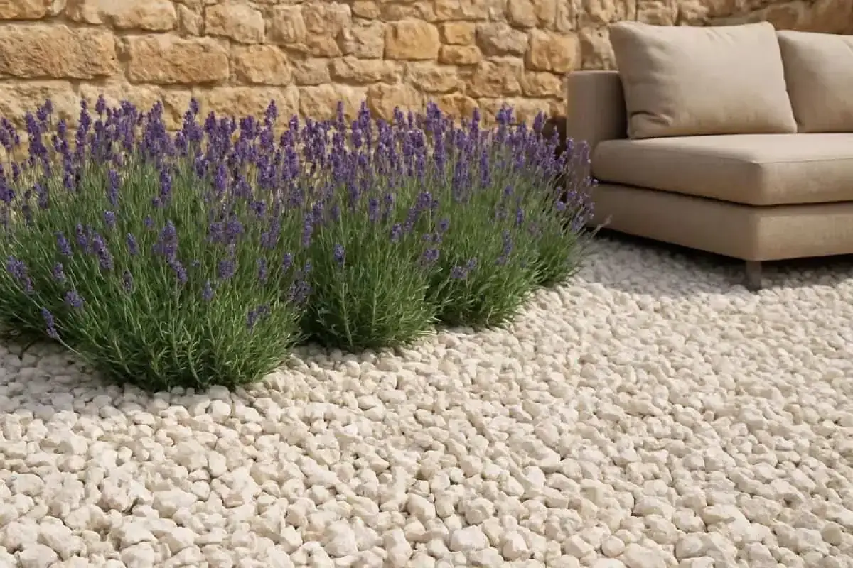 Aménagement jardin gravier décoratif avec lavande et canapé beige. Un espace extérieur moderne et apaisant.