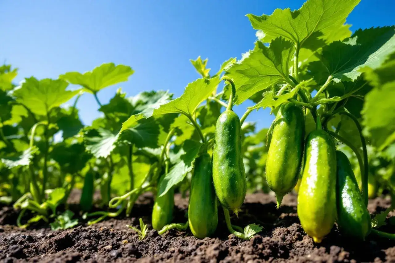 Un pied de concombre porte plusieurs fruits verts et brillants, prêts à être cueillis sous un ciel bleu éclatant.