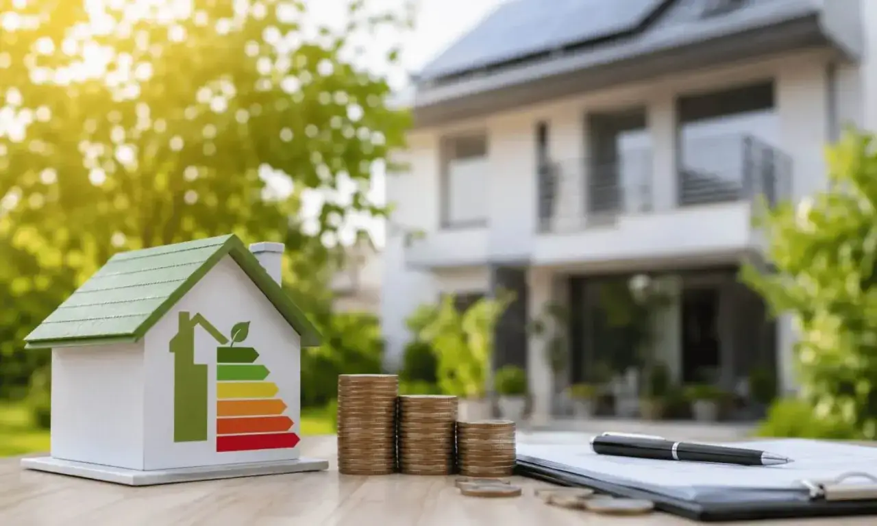Casa modelo con etiqueta de eficiencia energética, monedas y bolígrafo, simbolizando hipotecas verdes para un futuro sostenible.