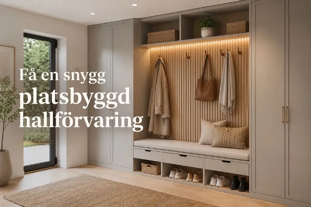 Snygg och praktisk hallf&ouml;rvaring med sittb&auml;nk och sk&aring;p. Perfekt f&ouml;r att renovera hallen och skapa ordning.