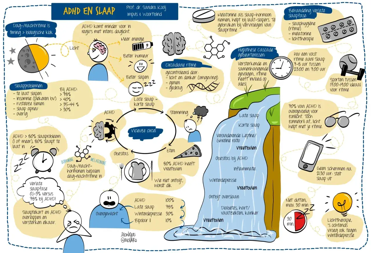 ADHD en slaap: 5 uur slaap is te weinig. Een verstoord dag-nachtritme, vreetbuien en obesitas zijn veelvoorkomende problemen.