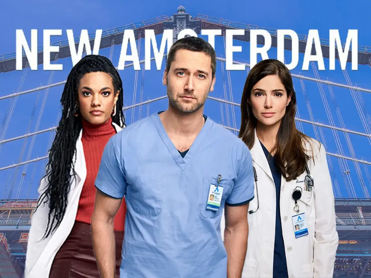 Die Hauptfiguren der neuen Staffel von New Amsterdam stehen vor der Brooklyn Bridge.