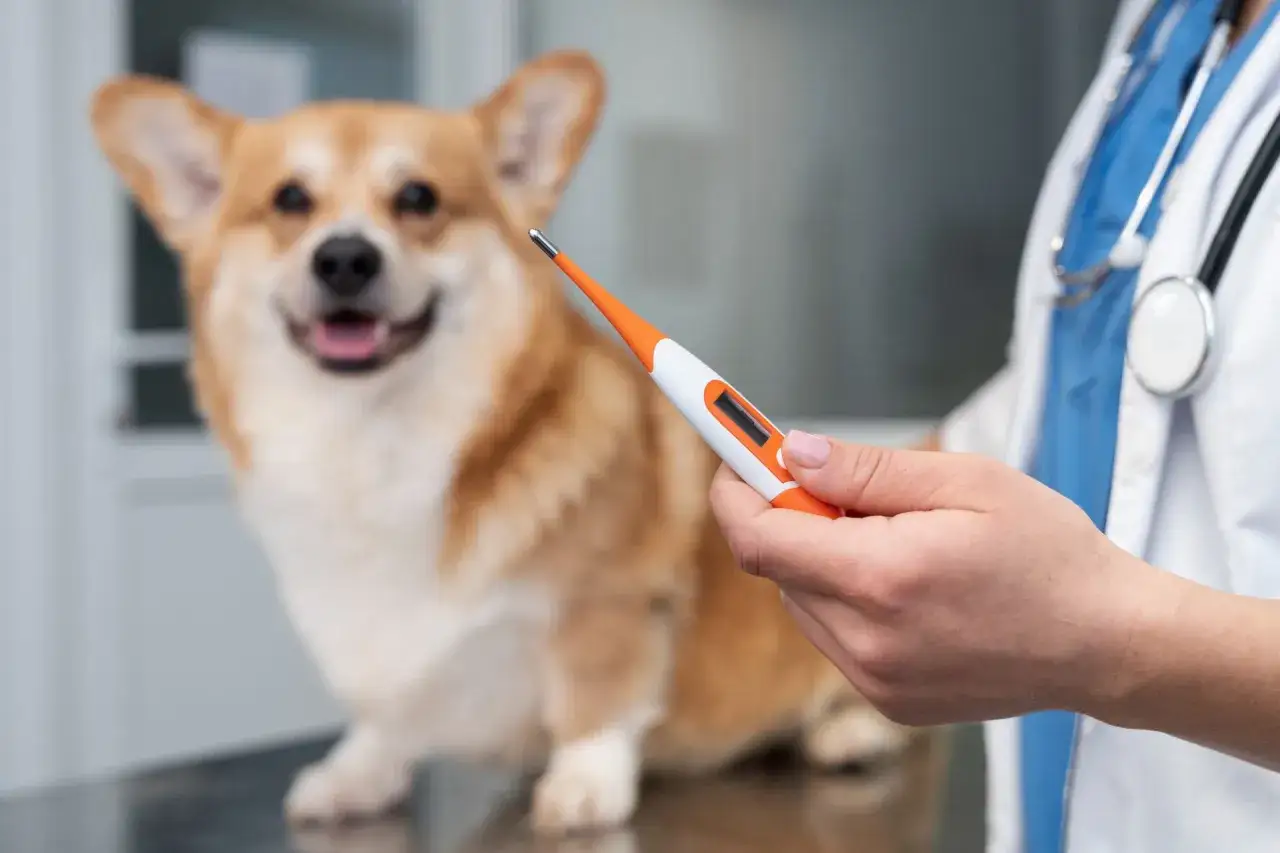 Weterynarz mierzy temperaturę u psa. Corgi czeka cierpliwie na wyniki.