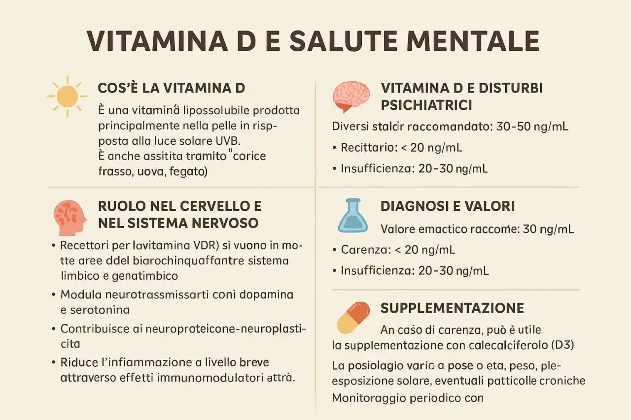 Vitamine D: carenza e sintomi. Livelli bassi (<20 ng/mL) possono indicare problemi psichiatrici. Si consiglia integrazione se carente.