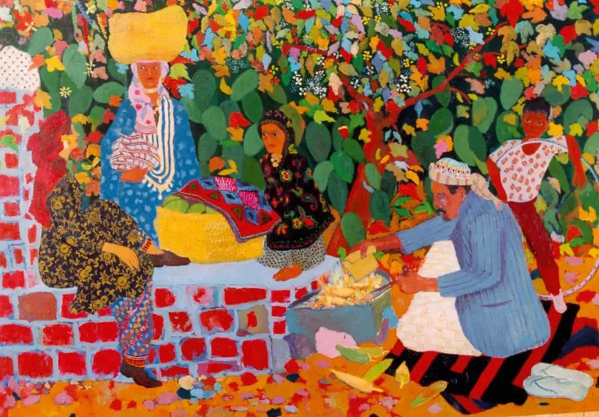 Vibrant painting by middle eastern artists depicts a lively market scene with people selling produce.