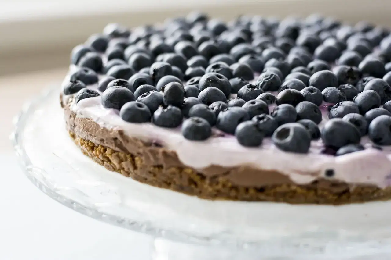 Eine köstliche Heidelbeertorte mit Joghurt-Creme und frischen Blaubeeren, serviert auf einer Tortenplatte.