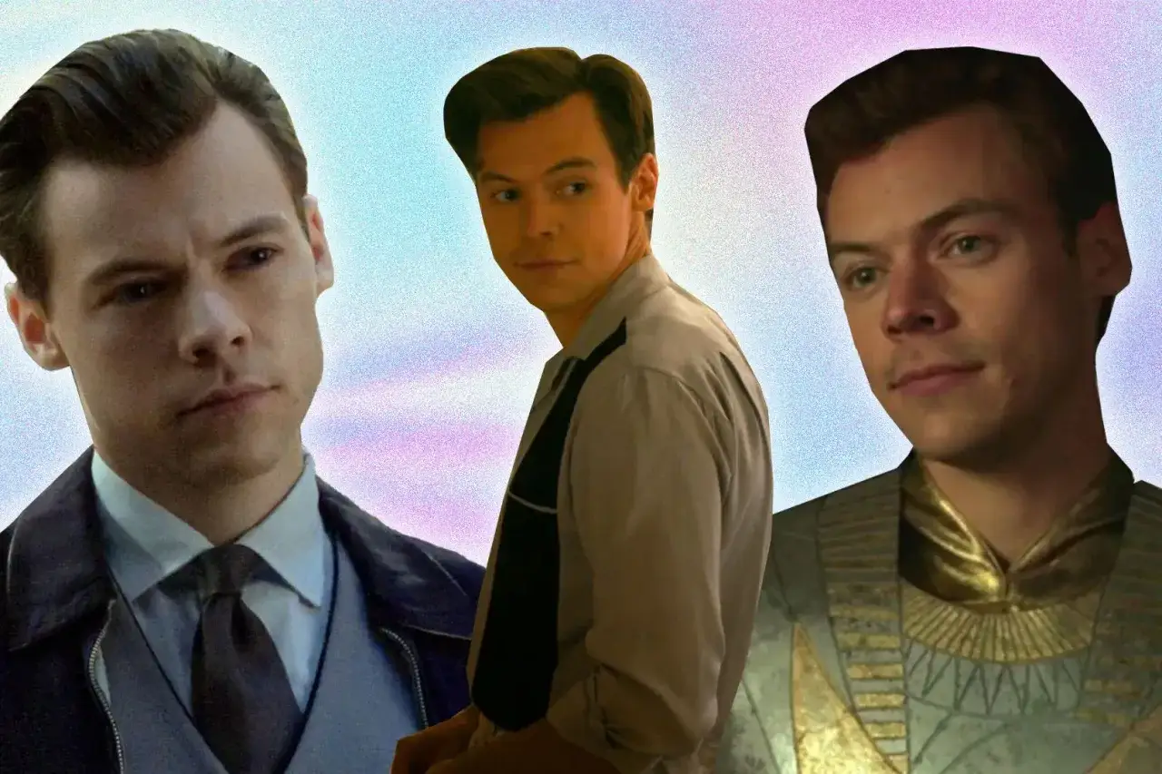 Harry Styles i tre olika roller från sina filmer. Från vänster: en kostymklädd man, en man i skjorta och slips, och en i en gyllene dräkt.