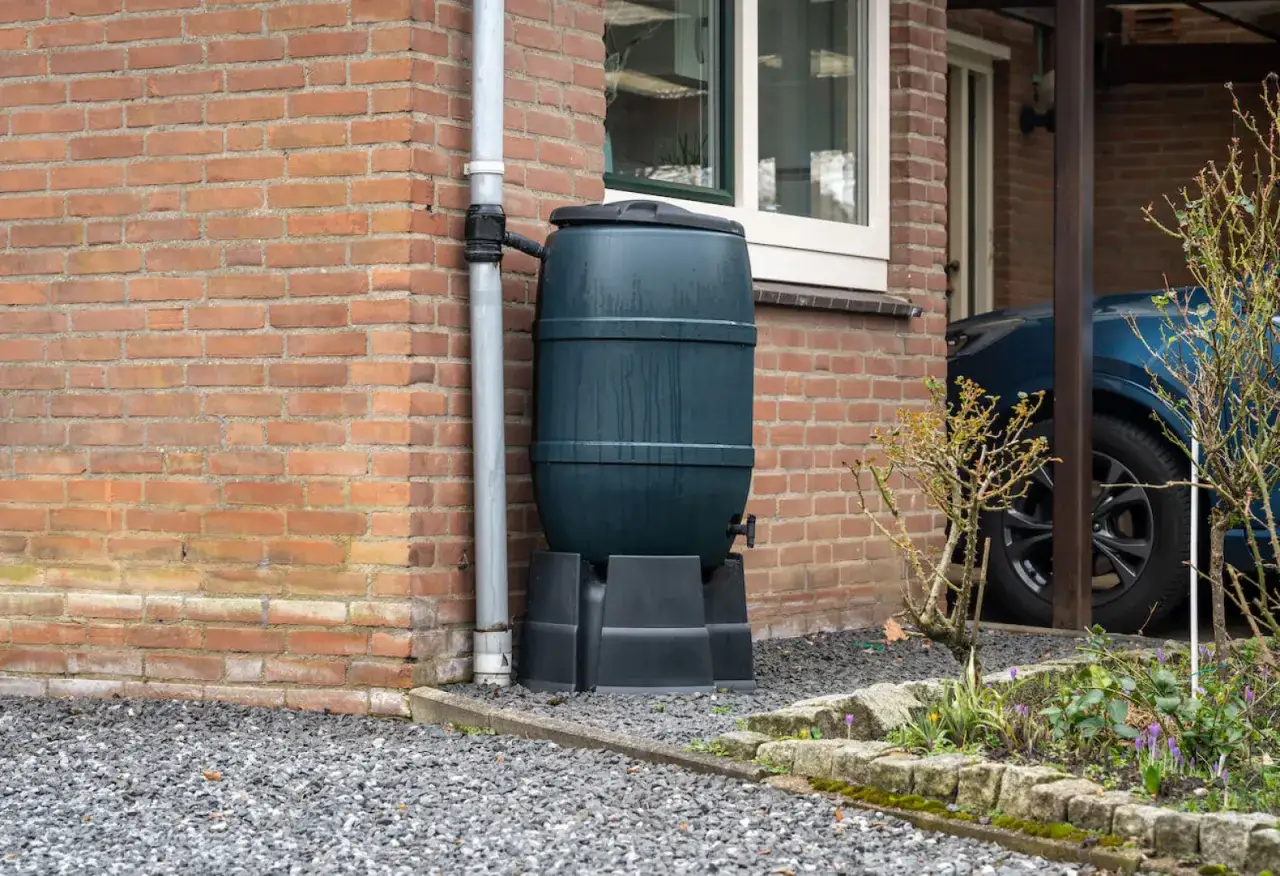 Beczka na deszczówkę przy ceglanym domu, podłączona do rynny. To rozwiązanie, które może wymagać pozwolenie wodnoprawne.