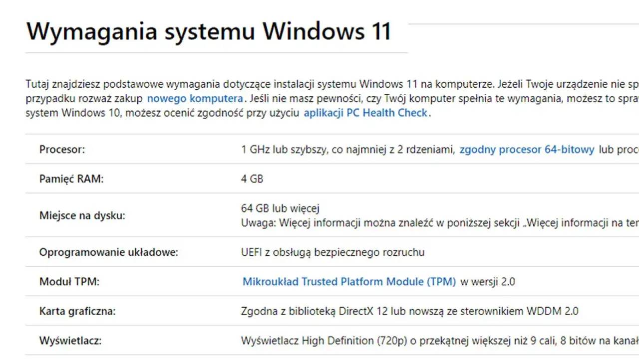 Podstawowe **wymagania systemu Windows 11**: procesor 1 GHz/2 rdzenie, 4 GB RAM, 64 GB miejsca, UEFI, TPM 2.0, DirectX 12, HD Display.