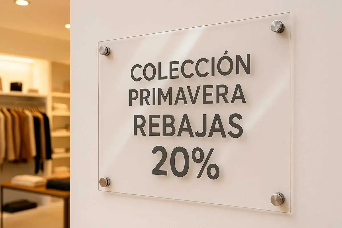 Cartel de rebajas de primavera del 20% en tienda, parte del visual merchandising.