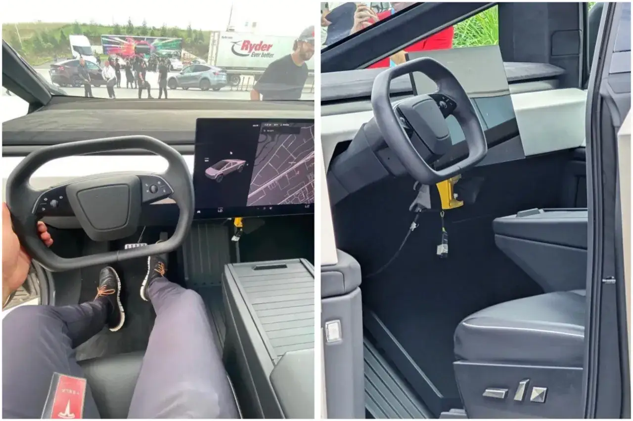 Wnętrze Tesli z minimalistyczną kierownicą i ekranem. Widok z perspektywy kierowcy, jak wygląda samochód Tesla.