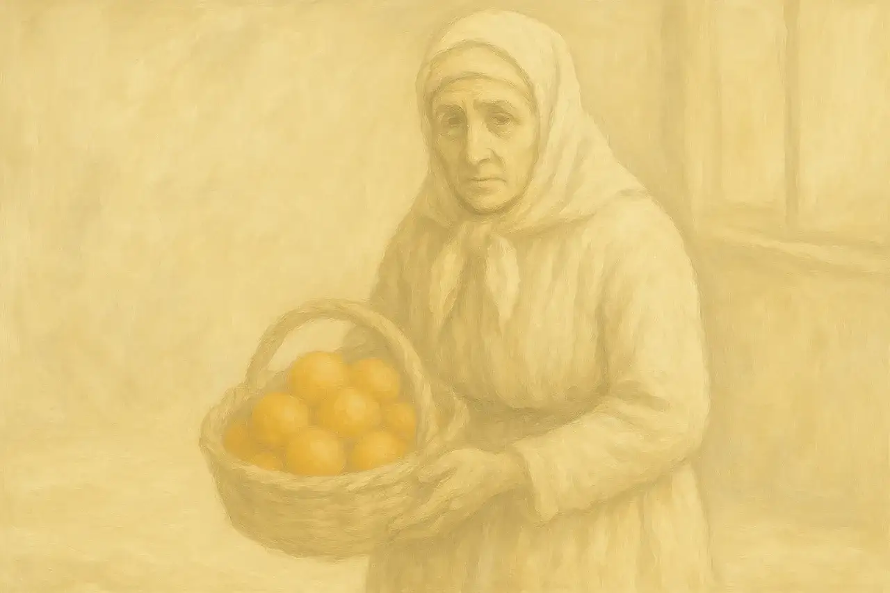Starsza kobieta w chustce trzyma koszyk pełen pomarańczy. Obraz może symbolizować obfitość lub nadzieję, często pojawiające się symbole w literaturze.
