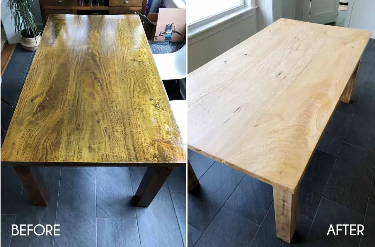 Före och efter-bild på ett lackat bord. Efter att ha slipat lacken framträder träets naturliga ådring i en ljusare, fräschare nyans.