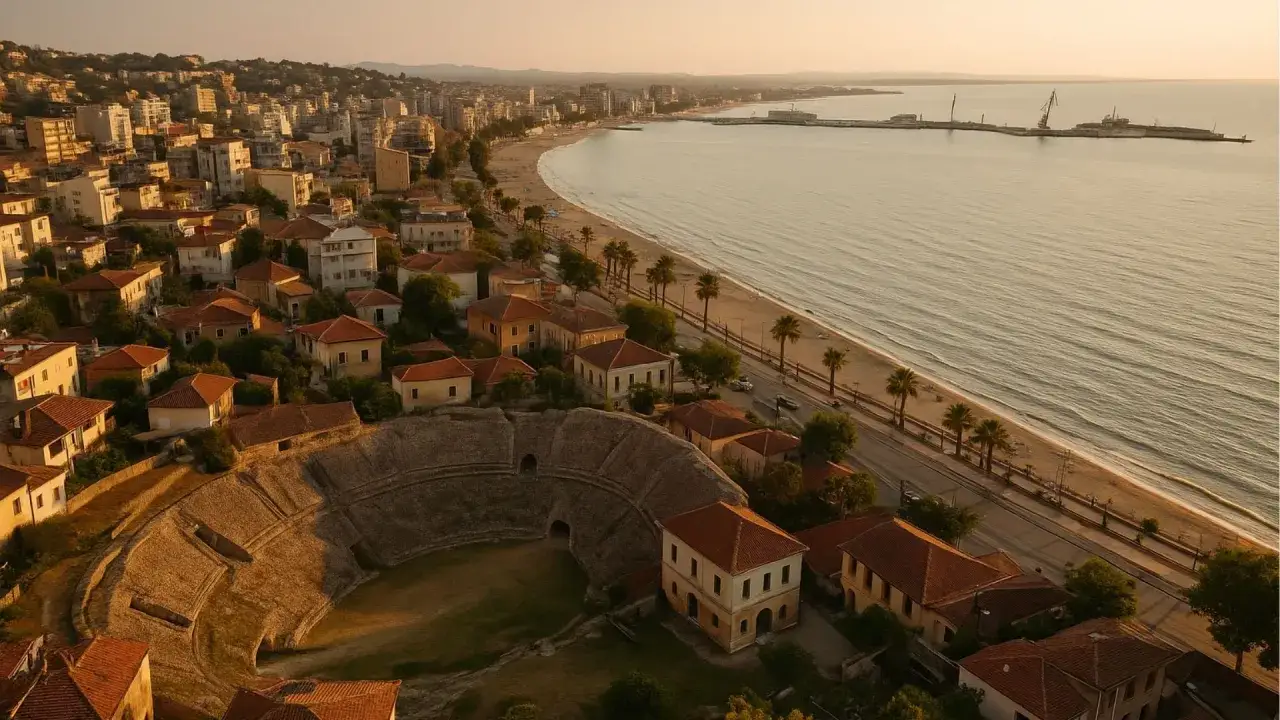 Starożytny amfiteatr w Durres, Albania, z widokiem na plażę i morze.