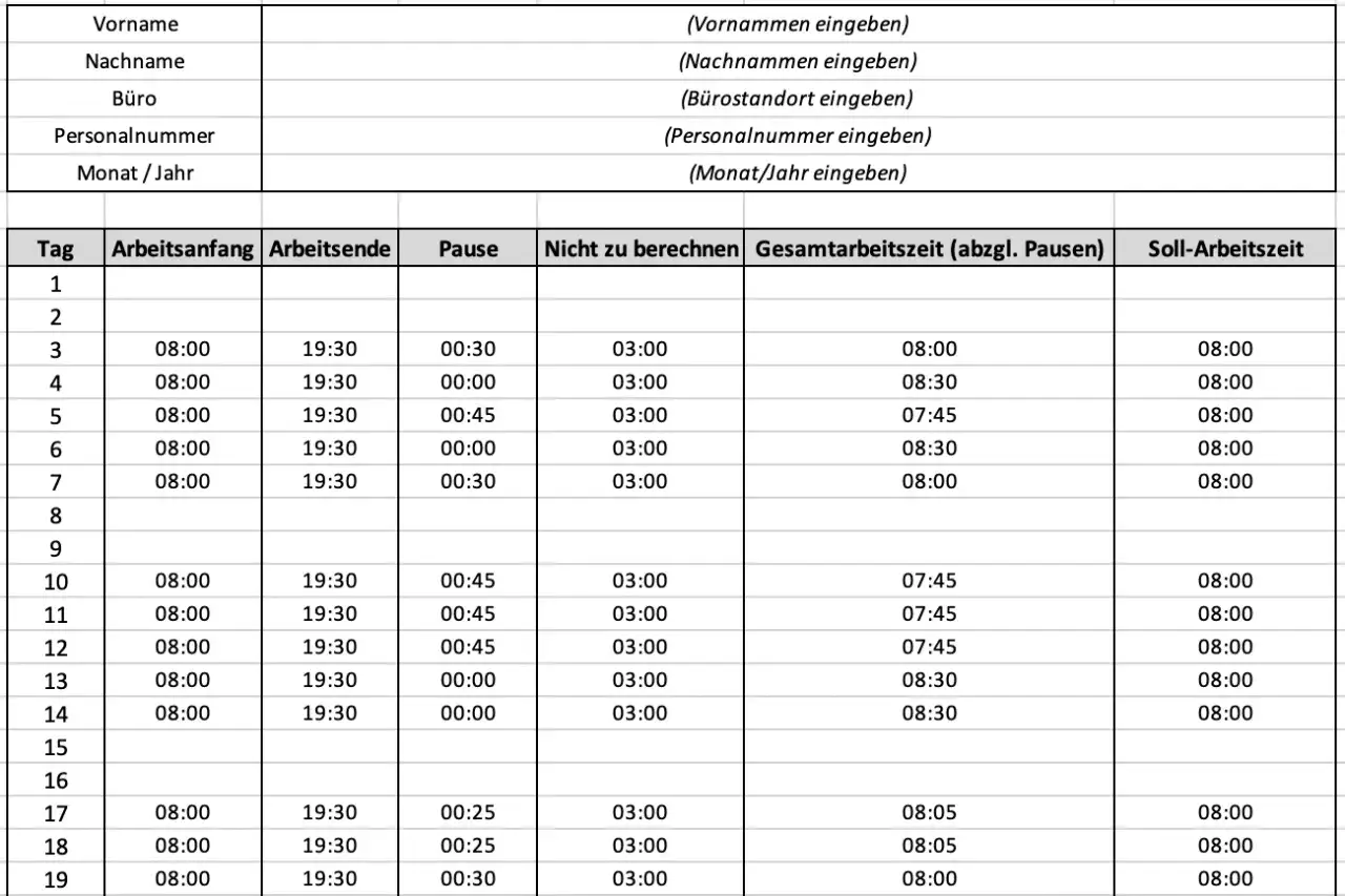Tabelle zur Arbeitszeiterfassung mit Spalten für Tag, Arbeitsbeginn, Arbeitsende, Pause, nicht zu berechnende Zeit, Gesamtarbeitszeit und Soll-Arbeitszeit. Hilft bei der Arbeitszeit berechnen.