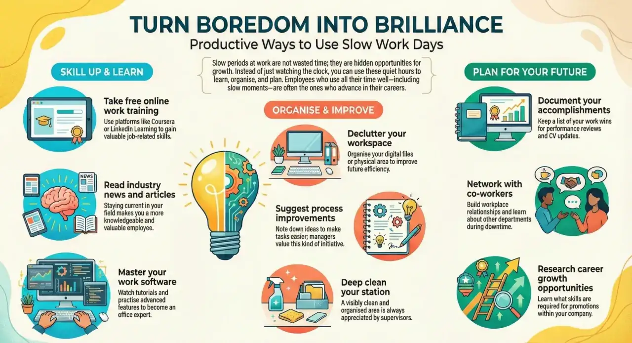 Turn boredom into brilliance: Learn new skills, organize your workspace, and plan for your future when work is slow.