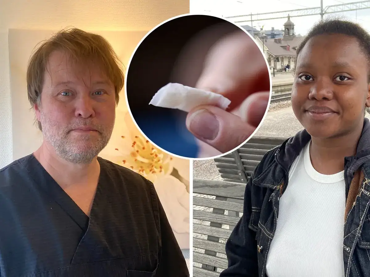 En man och en kvinna, med en n&auml;rbild p&aring; en snusprilla. Diskussion om hur snus p&aring;verkar huden.