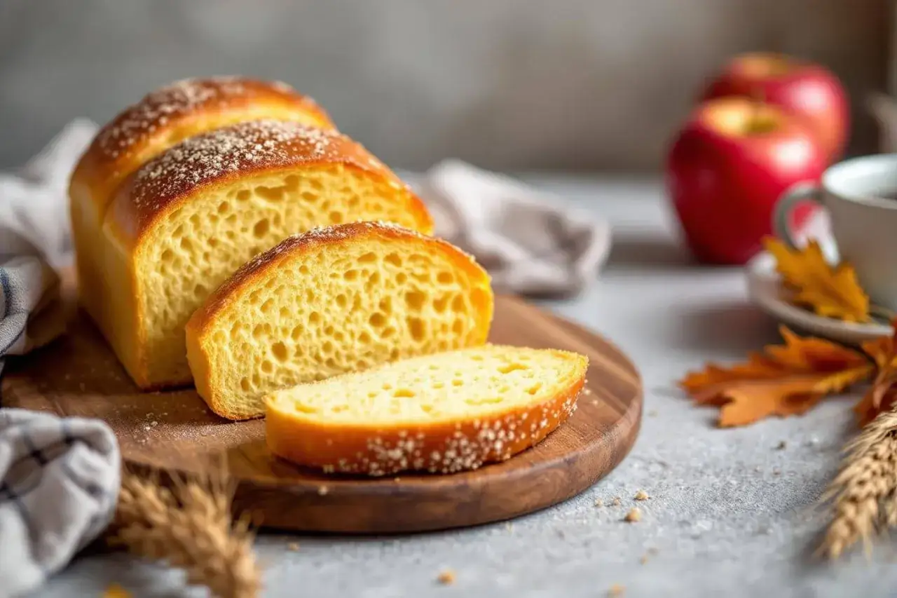 Un pain au pomme doré, tranché sur une planche en bois, avec des pommes rouges et une tasse de café en arrière-plan.