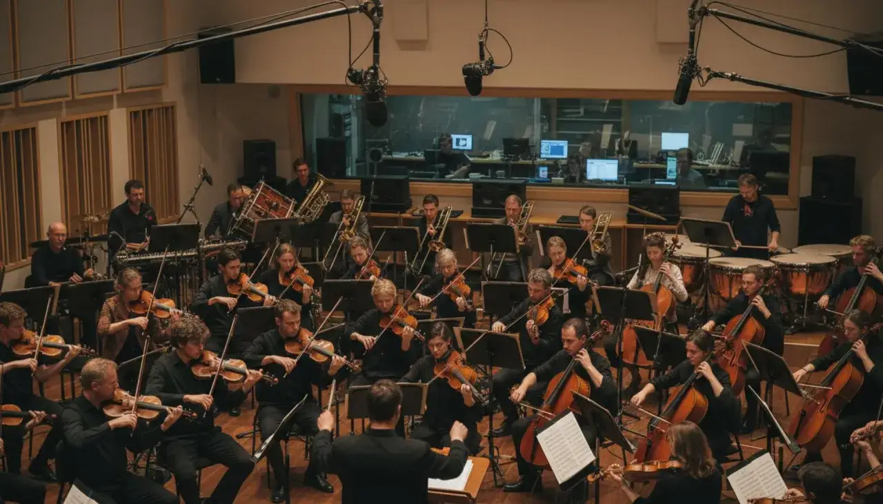 Orkiestra symfoniczna nagrywa ścieżkę dźwiękową do filmu. Muzycy grają na instrumentach smyczkowych i dętych, tworząc epickie tło muzyczne.
