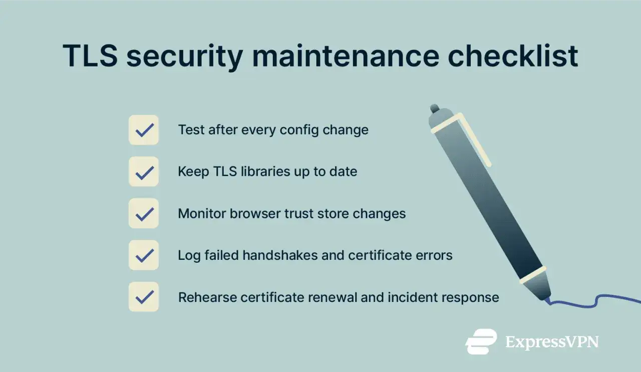 TLS security maintenance checklist, including keeping TLS libraries up to date for a secure TLS upgrade.