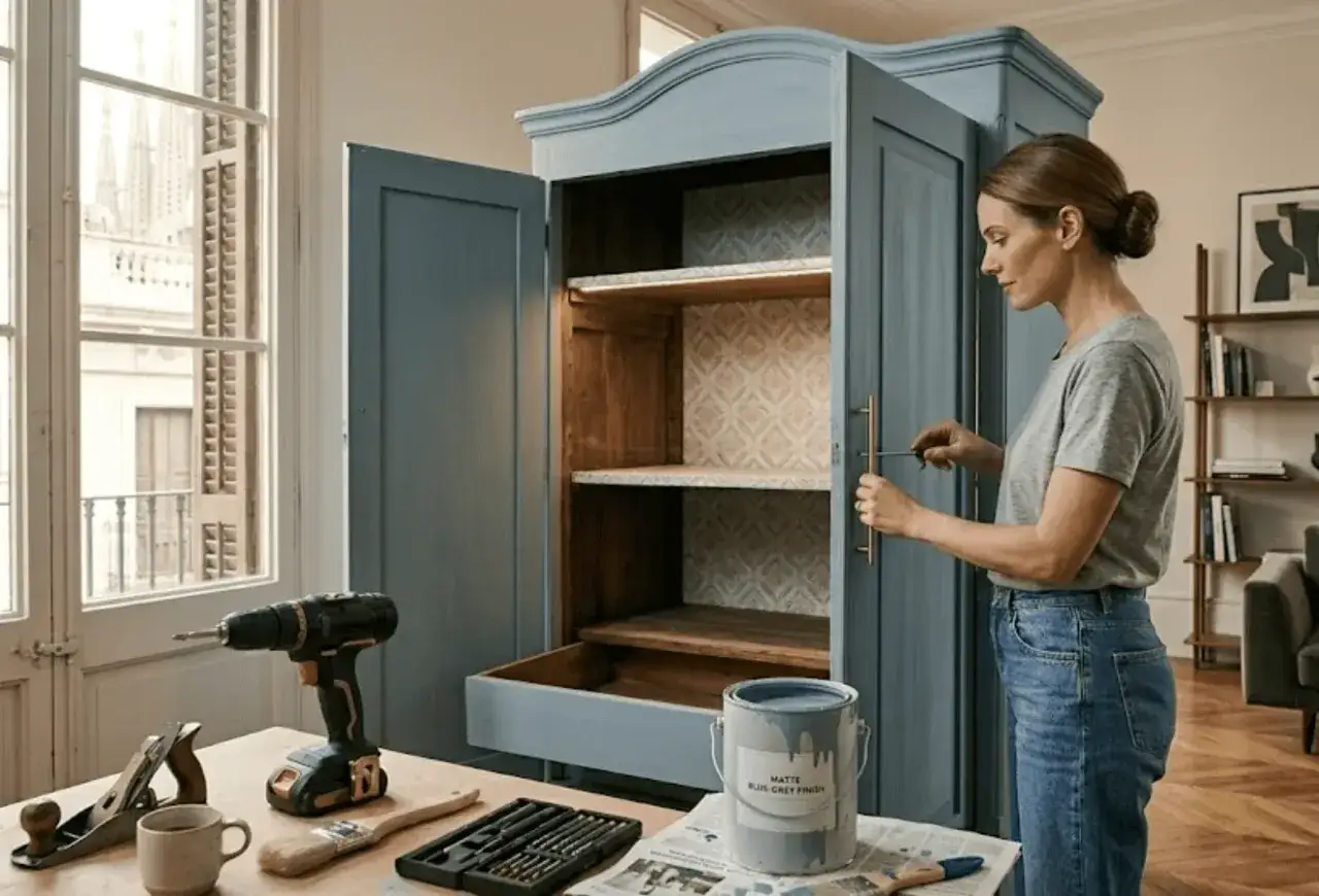 Mujer renovando un armario de madera, lista para pintar. Herramientas y pintura azul gris&aacute;ceo a mano.
