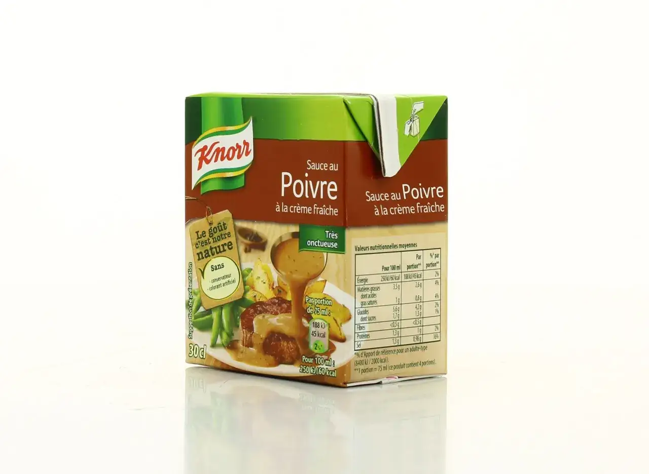 Bo&icirc;te de sauce au poivre Knorr &agrave; la cr&egrave;me fra&icirc;che, id&eacute;ale pour accompagner un plat de viande.