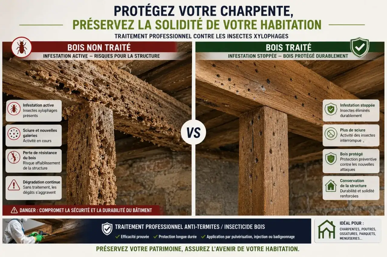 Bois vermoulu, rong&eacute; par les insectes xylophages, contrastant avec une poutre trait&eacute;e et saine. Illustration des risques d'infestation.