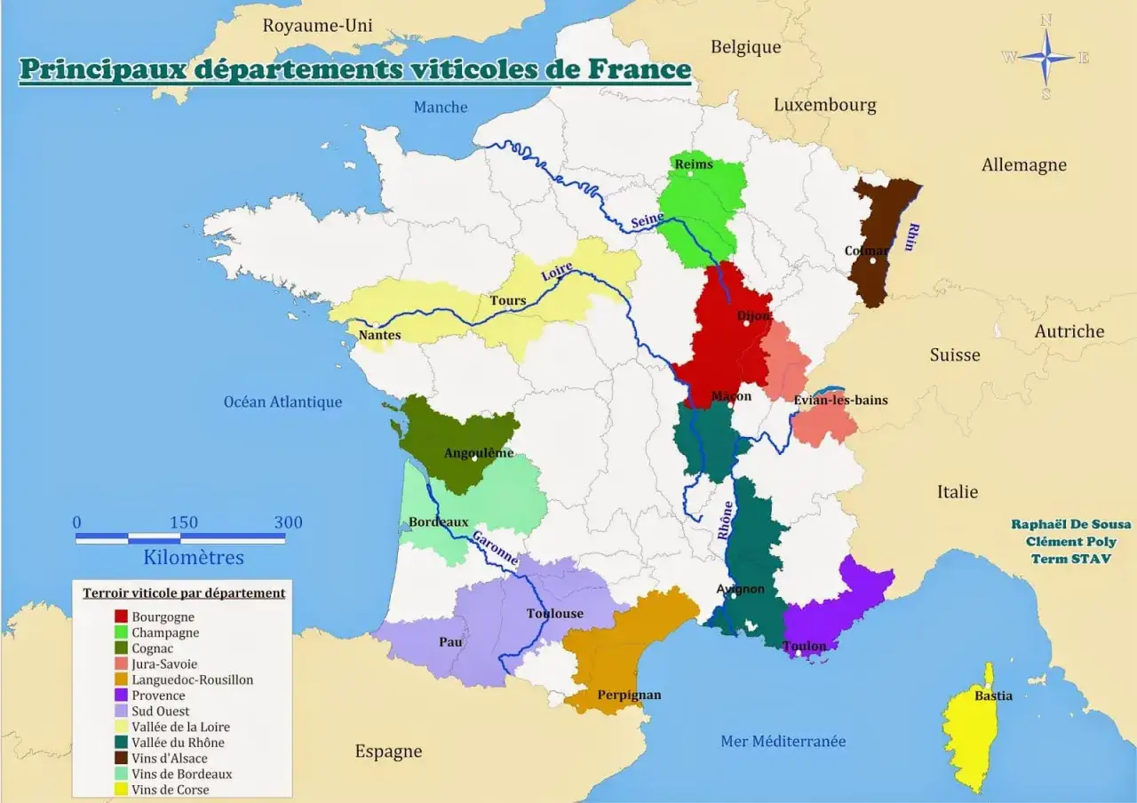 Carte des principaux départements viticoles de France. Une liste de terroirs viticoles, incluant le vin rouge, est présentée.