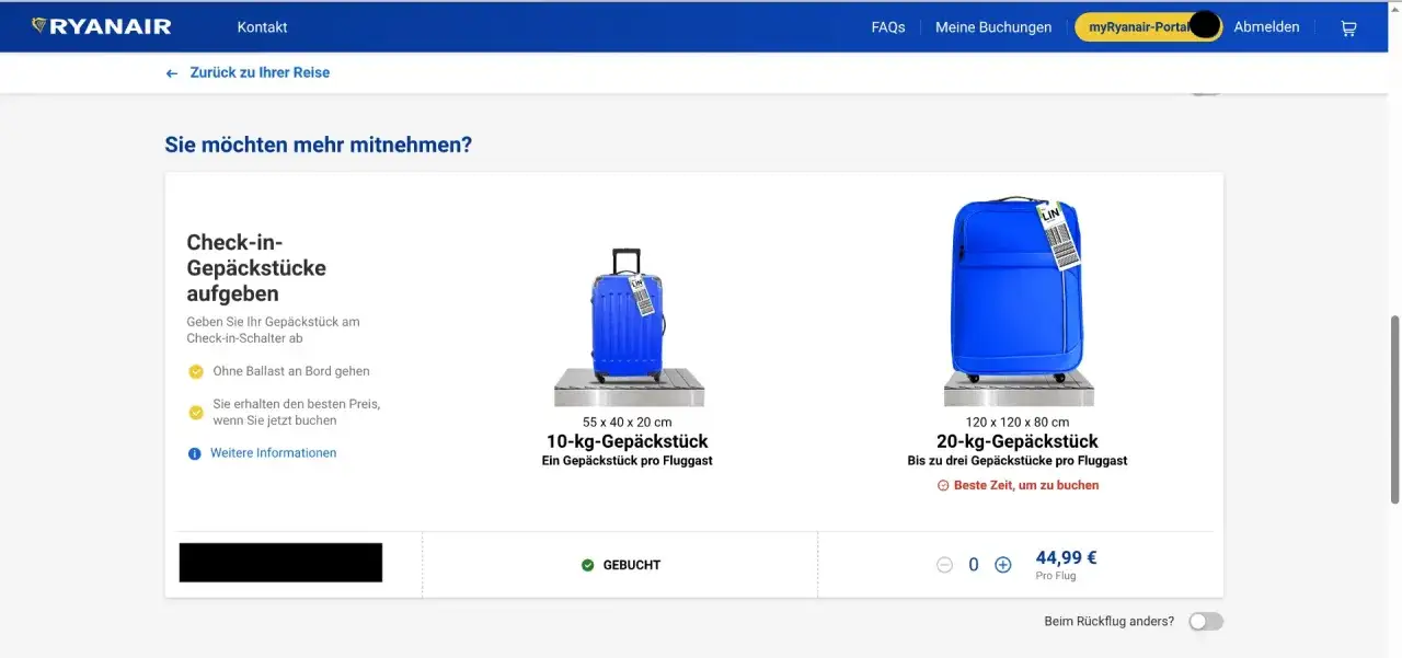 Dwa niebieskie walizki, jedna 10 kg, druga 20 kg. Ryanair bagaż rejestrowany 10 kg to opcja dla podróżnych.