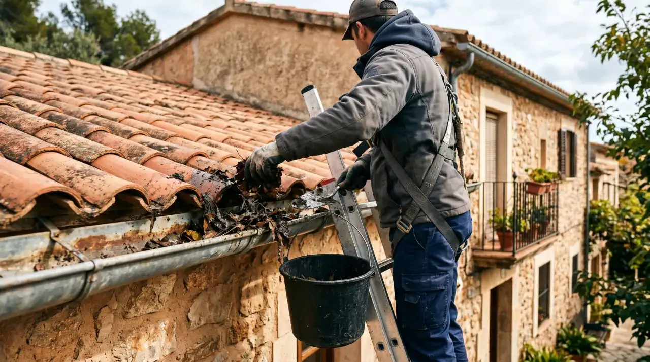 Trabajador en escalera realizando la limpieza de canalones, retirando hojas y escombros para evitar atascos.