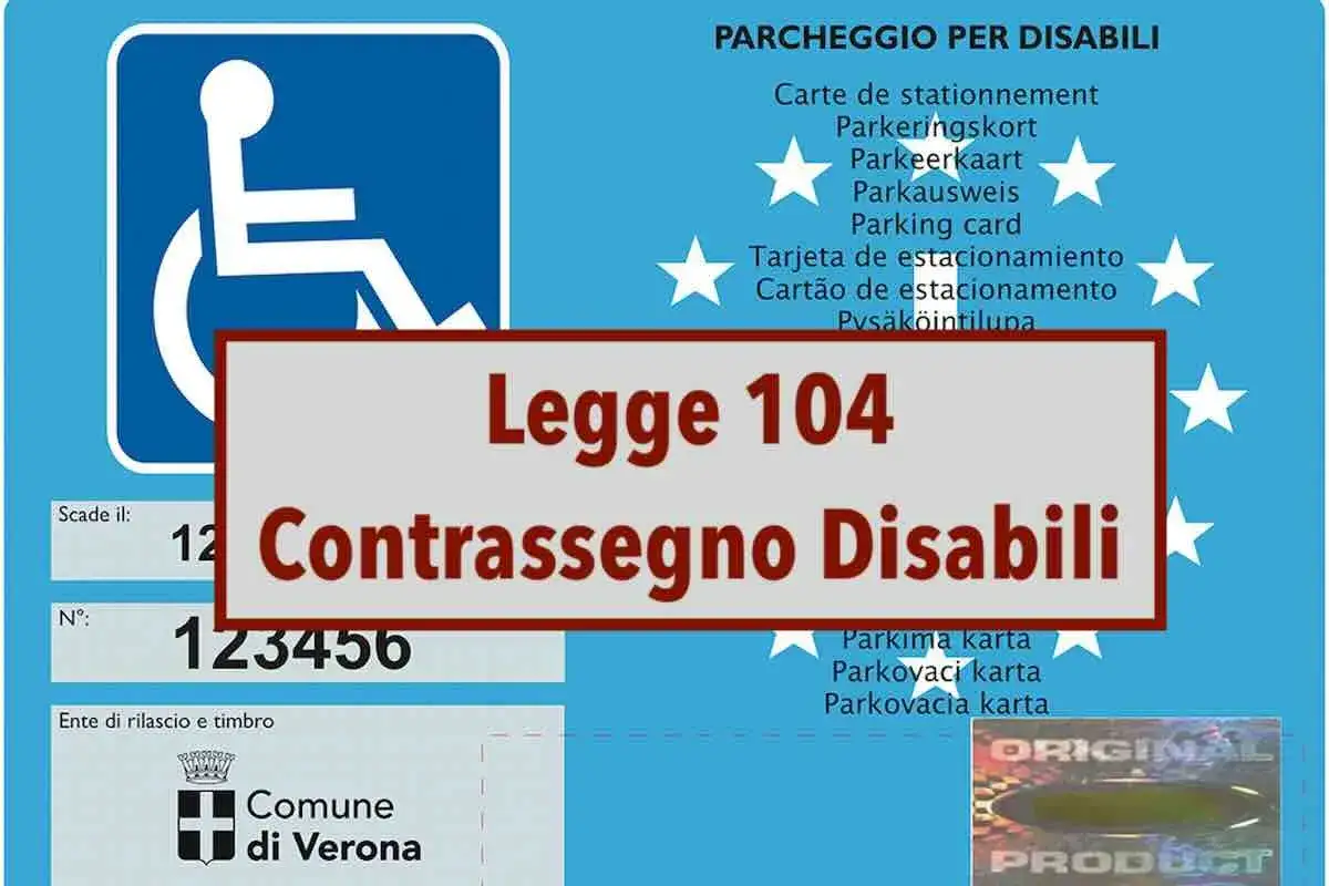Contrassegno disabili basato sulla Legge 104, con simbolo internazionale di accessibilità e dettagli del Comune di Verona.