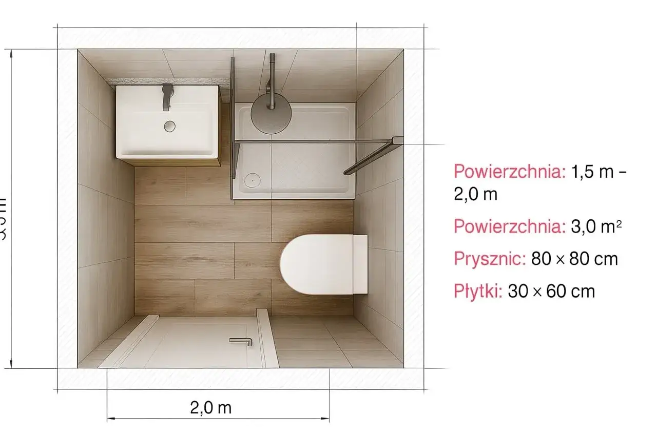 Projekt małej łazienki z prysznicem 80x80 cm. Płytki 30x60 cm ułożone do jakiej wysokości?