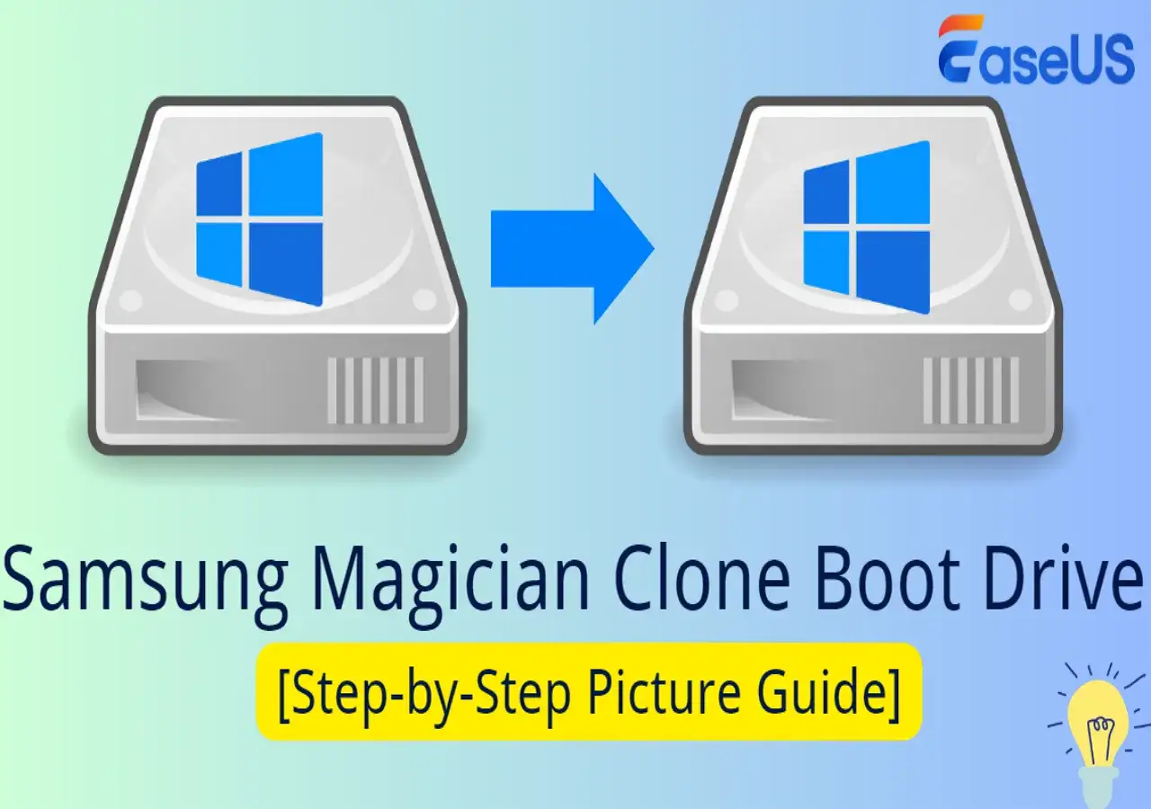 Anleitung zum Klonen des Boot-Laufwerks mit Samsung Magician. Zwei Festplattensymbole mit Windows-Logo, verbunden durch einen Pfeil.