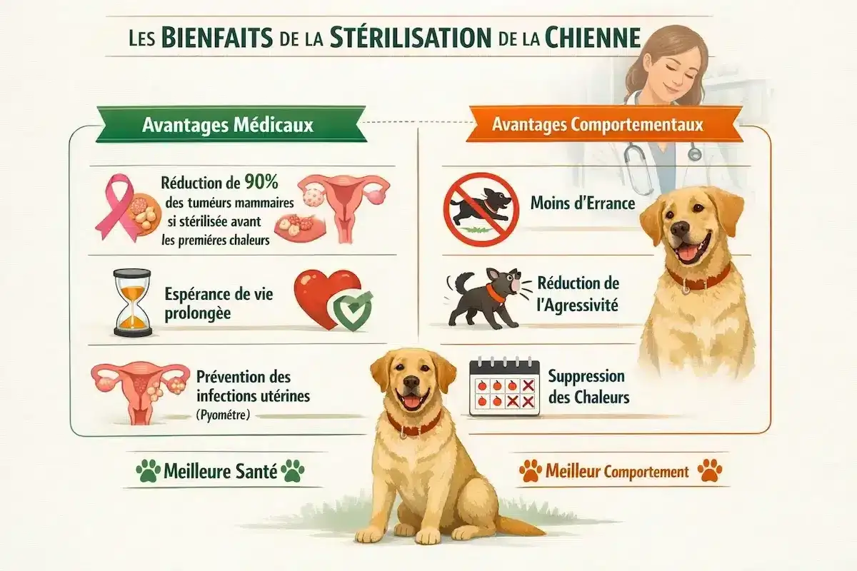 Quand stériliser une chienne ? Découvrez les avantages médicaux et comportementaux : moins de tumeurs, vie plus longue, moins d'errance et d'agressivité.