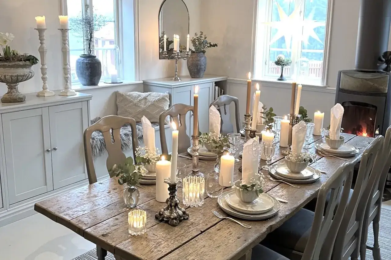 Enkel ny&aring;rsdukning med m&aring;nga t&auml;nda ljus p&aring; ett rustikt tr&auml;bord. Blommor och gr&ouml;nt ger en ombonad k&auml;nsla.
