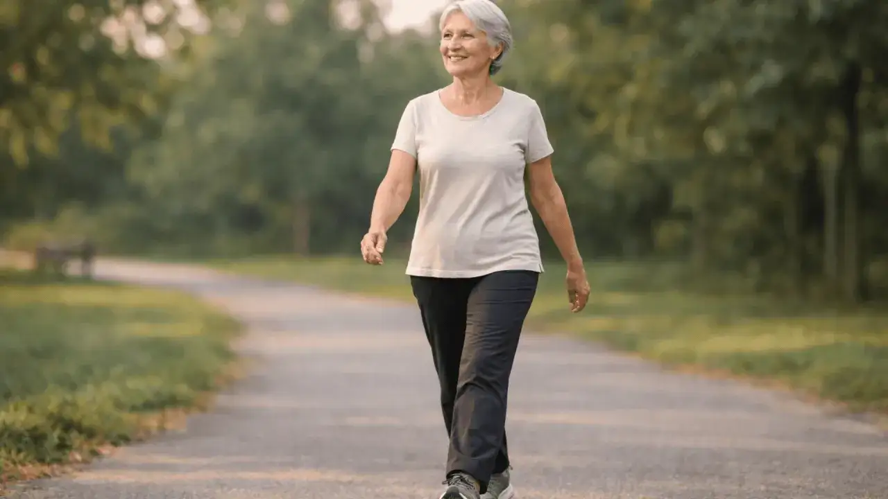Une femme souriante profite d'une promenade en plein air, un moment id&eacute;al pour reprendre le sport et se sentir bien.