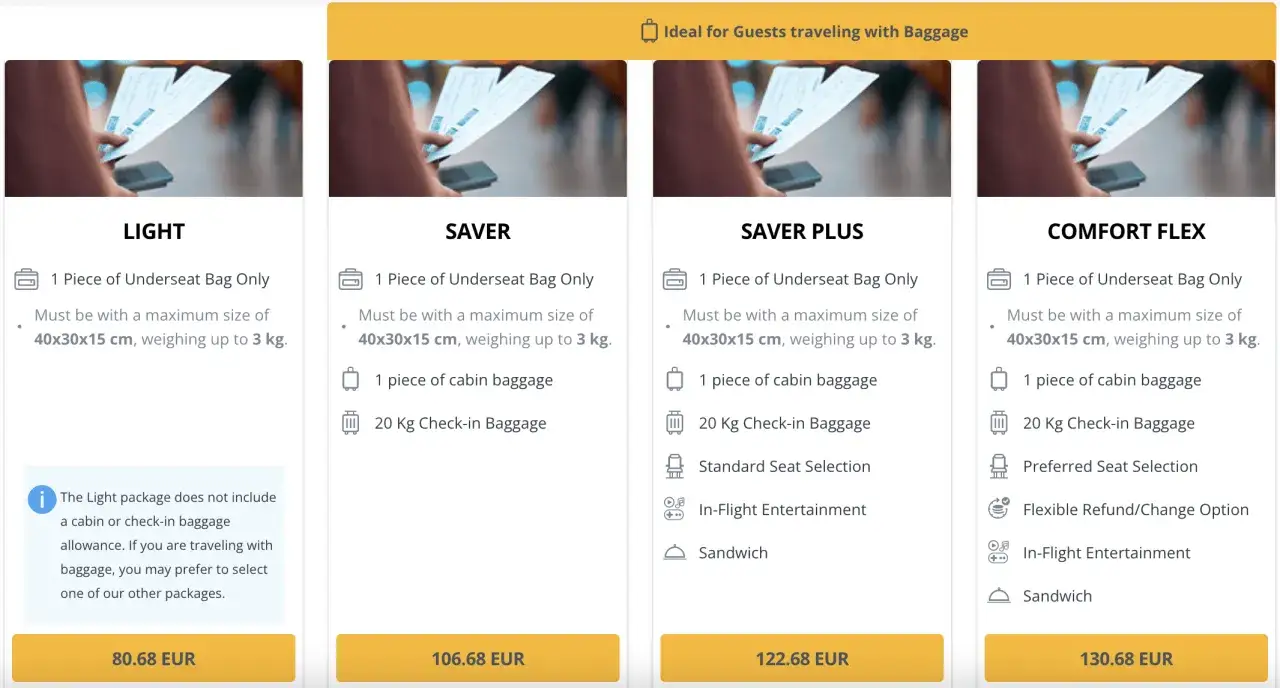 Opcje bagażu rejestrowanego Pegasus Airlines: LIGHT, SAVER, SAVER PLUS, COMFORT FLEX.