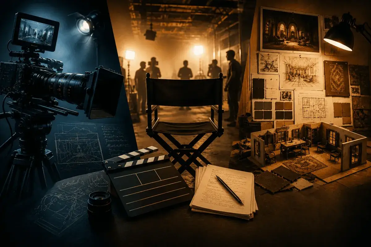 La cámara, claqueta y guion revelan que es el cine: la magia de crear mundos y contar historias.