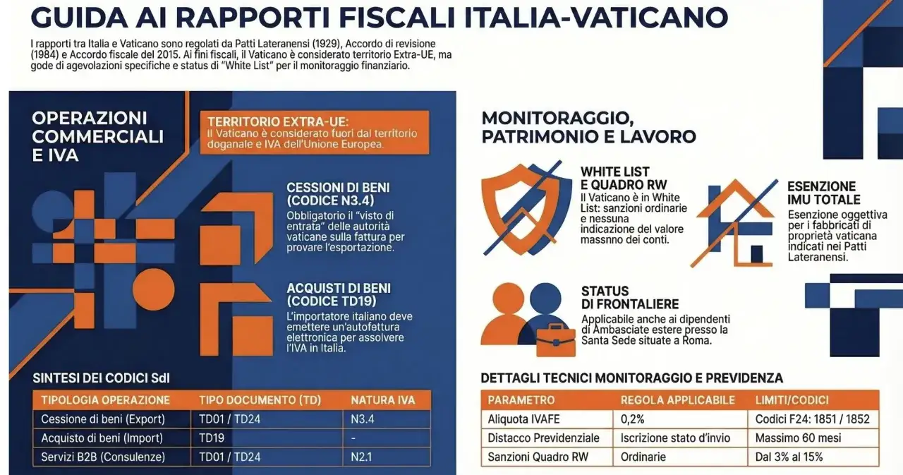 Guida ai rapporti fiscali Italia-Vaticano: operazioni commerciali, IVA, monitoraggio e esenzioni. Dettagli su formula IVA e codici Sdl.