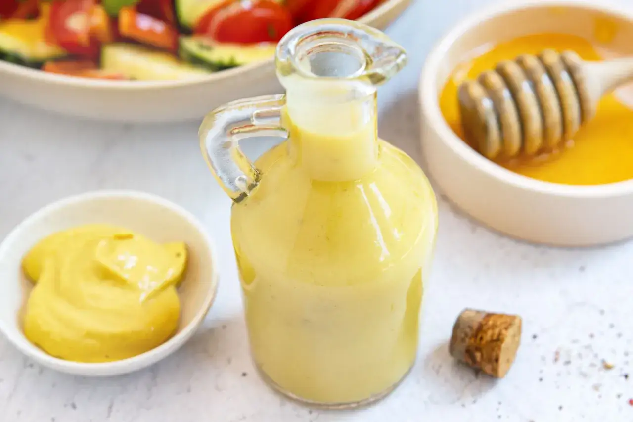 Ein Glasfläschchen mit honig senf dressing steht neben einer Schale Senf und Honig. Ein Salat ist im Hintergrund zu sehen.