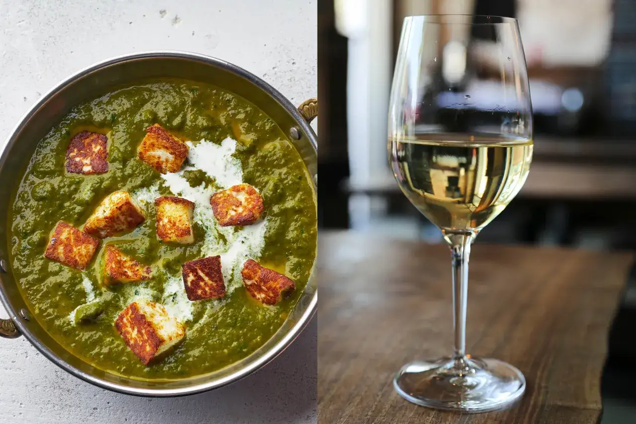 Ein Glas Wei&szlig;wein passt perfekt zu diesem cremigen indischen Gericht mit Paneer.