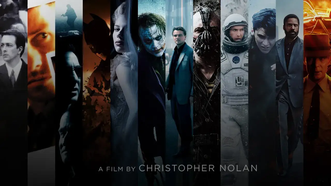 Kolaż postaci z filmów Christophera Nolana: Batman, Joker, Cooper z Interstellar i inni.