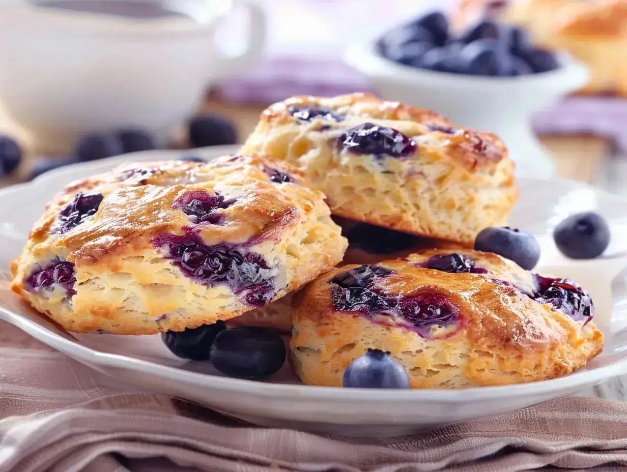 Tre gyllene blåbärsscones ligger staplade på en vit tallrik, med färska blåbär runt omkring. Perfekt för en fika!
