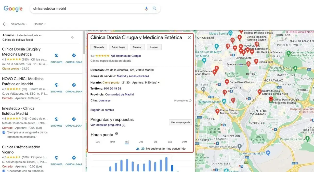 Cl&iacute;nica Dorsia Cirug&iacute;a y Medicina Est&eacute;tica en Madrid, con 4.9 estrellas y 786 rese&ntilde;as. La serp que es un negocio de belleza.